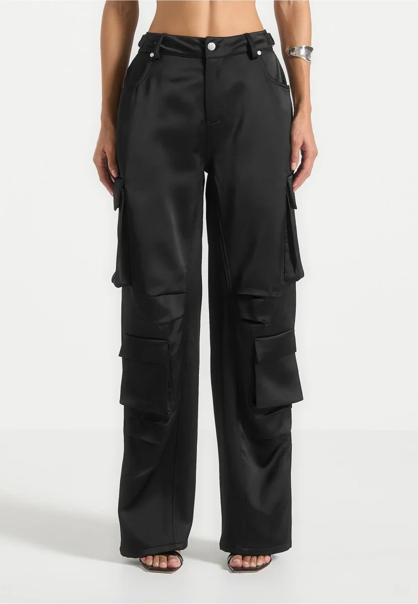 Emilie - Satin High Waisted Cargo Pants - Black - Image 7