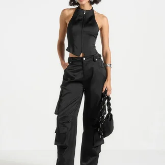 Claudette - Satin Halterneck Backless Top - Black