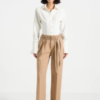Pascale - Tailored Twin Belt Pants - Dark Beige