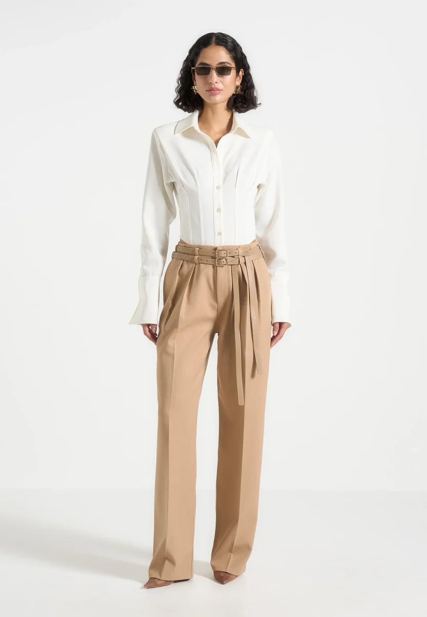 Pascale - Tailored Twin Belt Pants - Dark Beige - Image 2