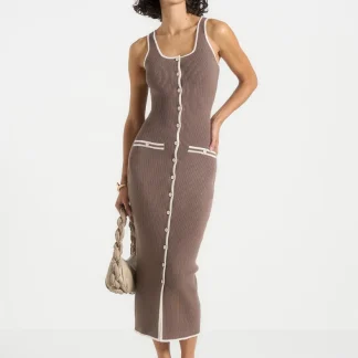 Daphne - Rib Knit Contrast Midi Dress - Brown/Cream