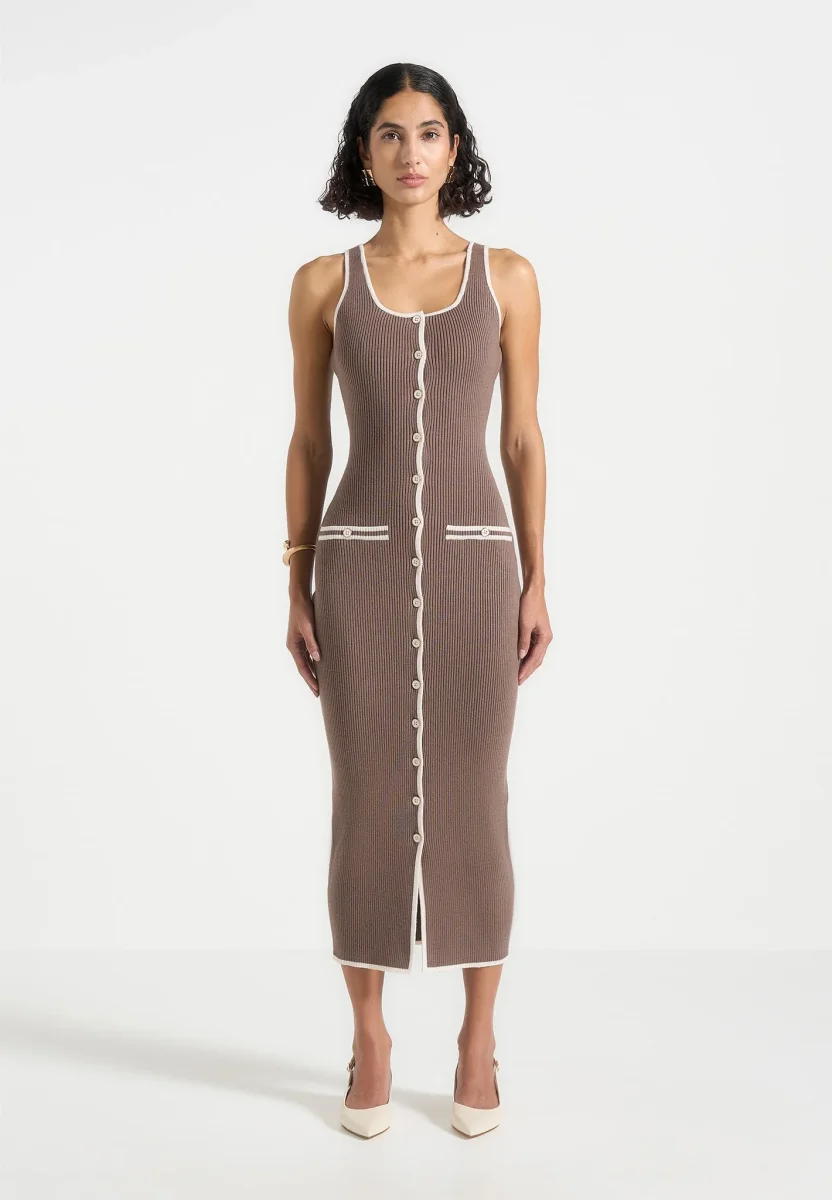 Daphne - Rib Knit Contrast Midi Dress - Brown/Cream - Image 6