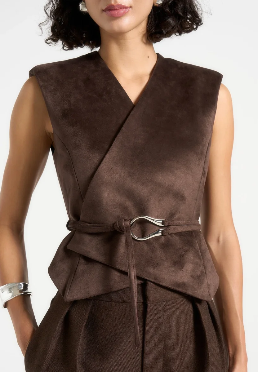 Jeanne - Suede Wrap Waistcoat with Belt - Brown - Image 4