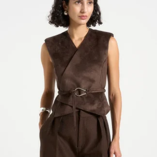 Jeanne - Suede Wrap Waistcoat with Belt - Brown