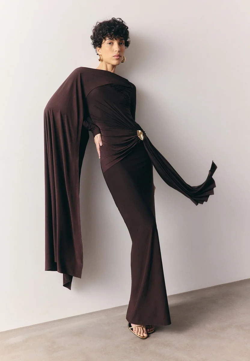 Edena - Asymmetric Ruched Draped Maxi Dress - Brown - Image 8