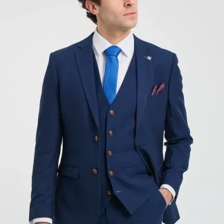 Terno masculino azul-marinho de 3 peças com detalhes em marrom, estampa clássica olho de pássaro vintage, ideal para casamento e noivo.