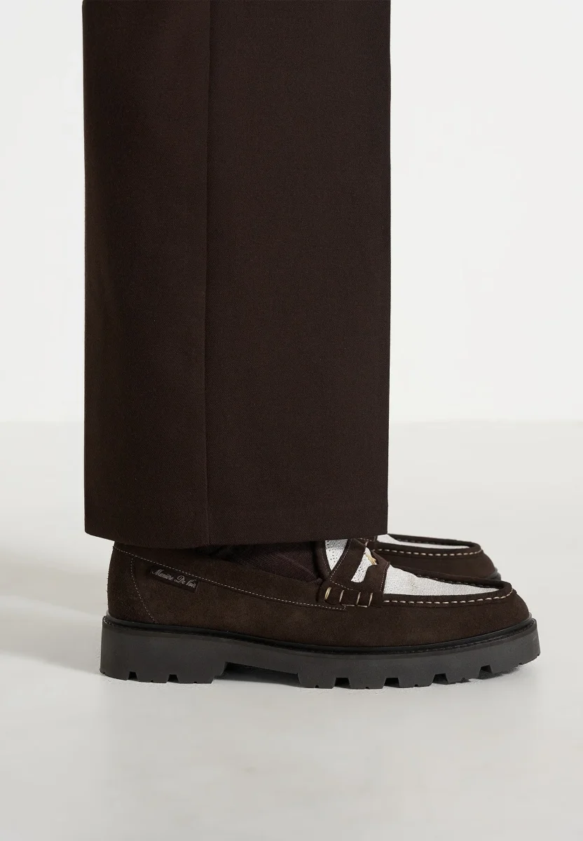 Diego - Suede & Crochet Penny Loafer - Brown/White - Image 5
