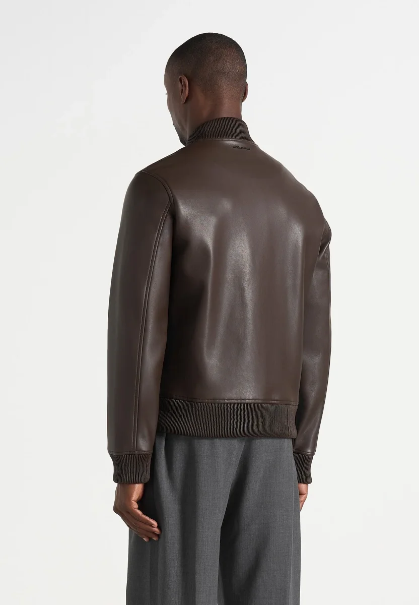 Leather Bomber Jacket - Brown - Image 5