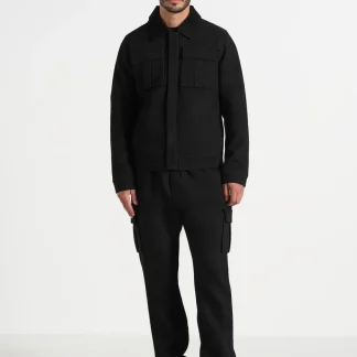 Twill Trucker Jacket with Velvet Collar - Black