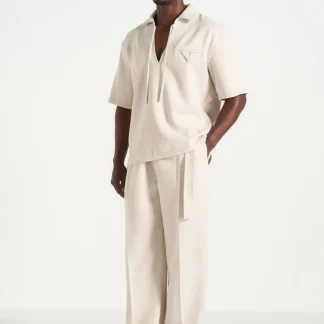 Norbert - Open Collar Textured Drawstring Shirt - Cream