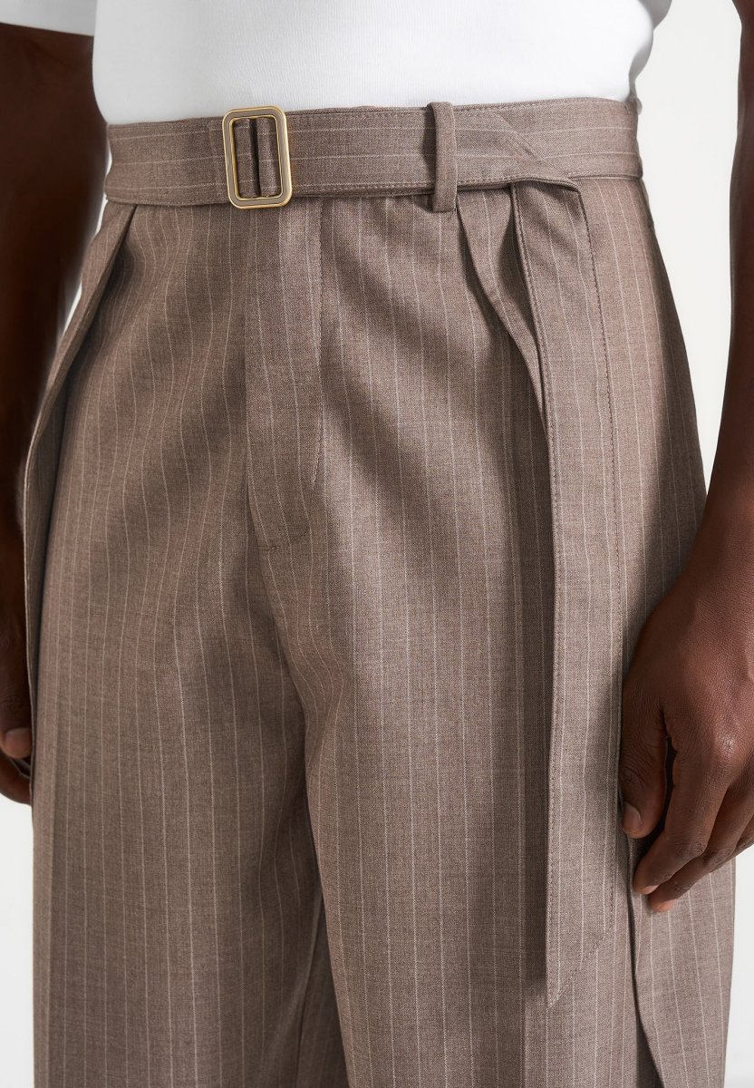 Charles - Wide Fit Wrap Leg Pinstripe Tailored Pants - Taupe - Image 4