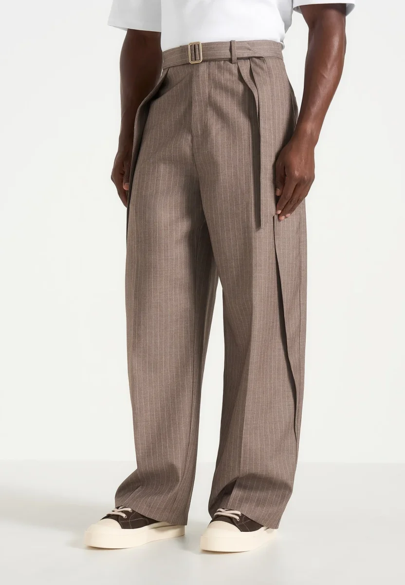 Charles - Wide Fit Wrap Leg Pinstripe Tailored Pants - Taupe - Image 3