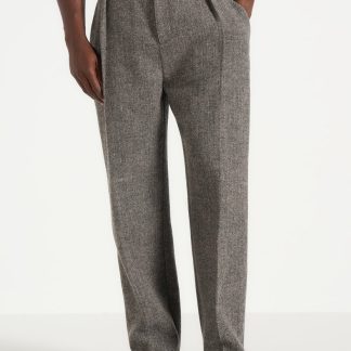 Dorian - Herringbone Wool Pleated Pants - Grey