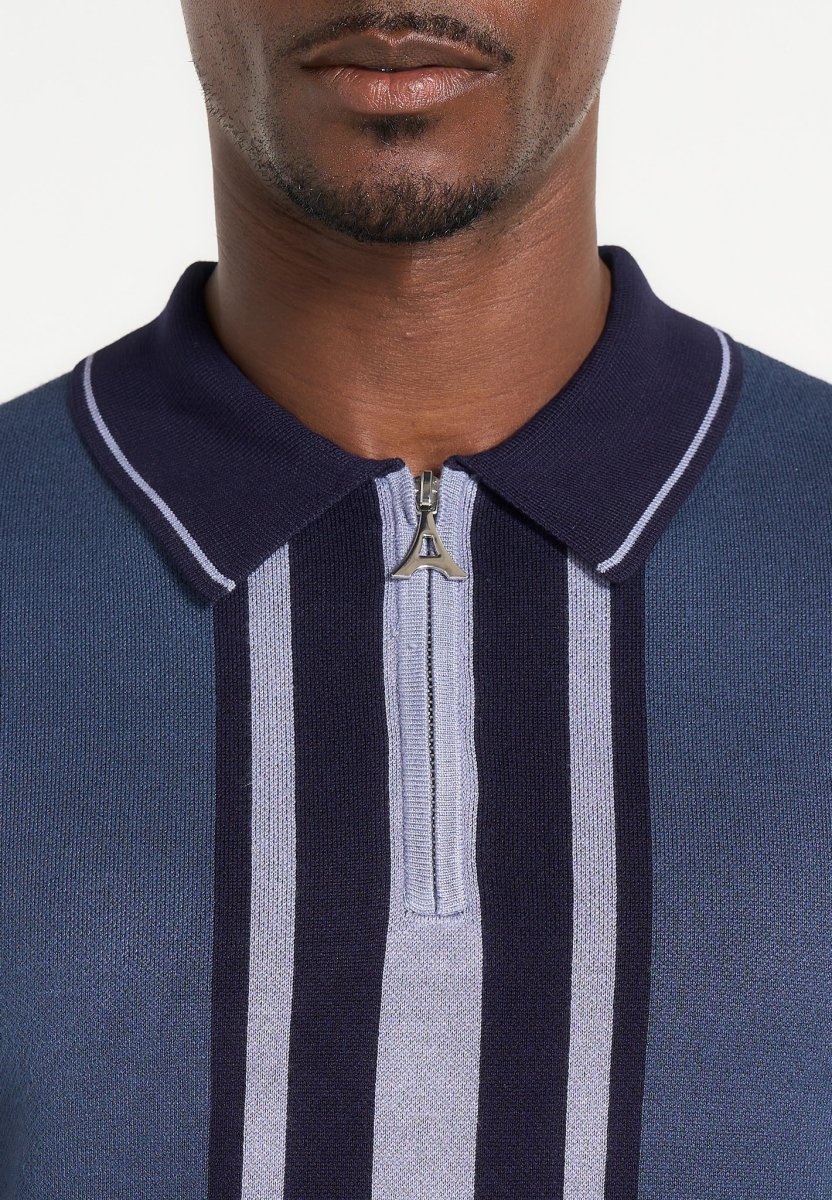 Daniel - Contrast Border Knit Zip Polo Shirt - Blue - Image 4