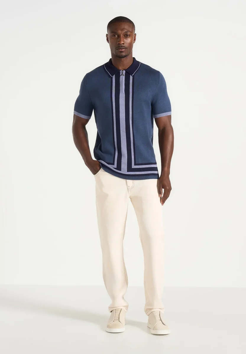 Daniel - Contrast Border Knit Zip Polo Shirt - Blue - Image 2