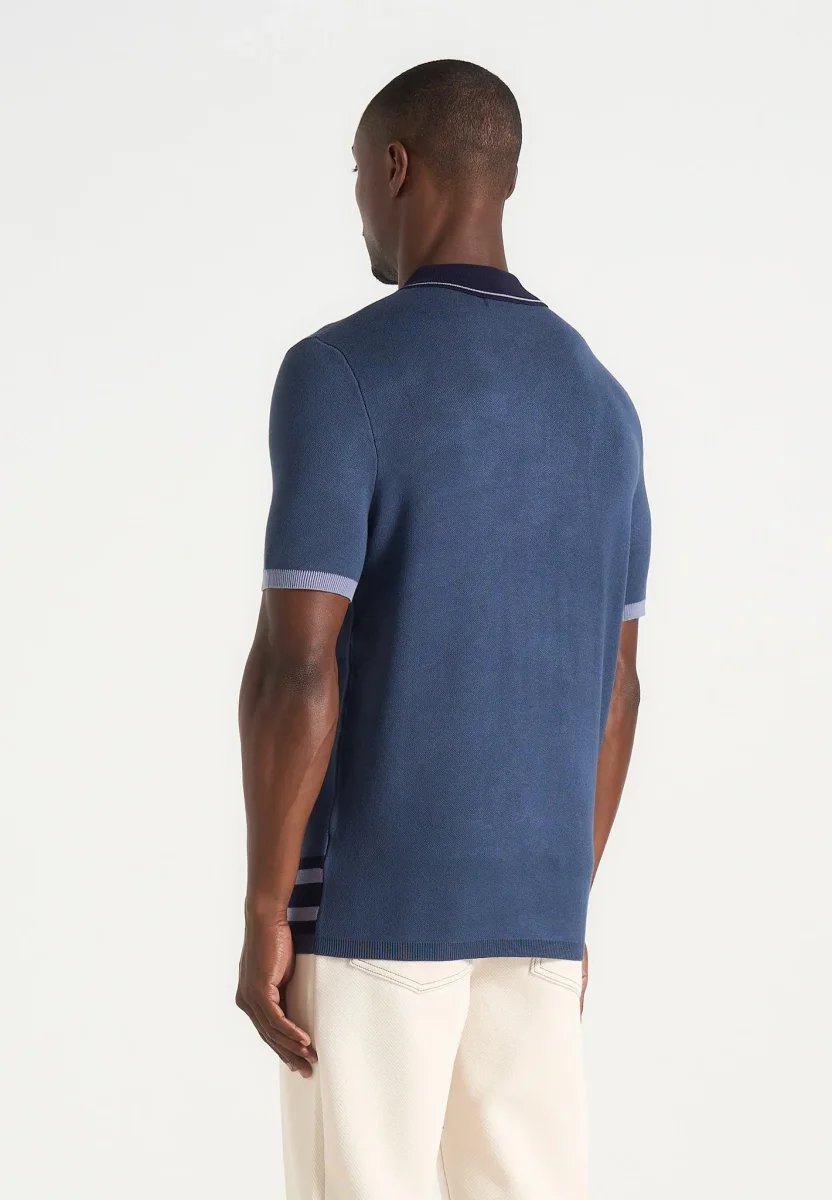 Daniel - Contrast Border Knit Zip Polo Shirt - Blue - Image 5