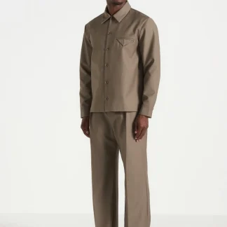 Leo - Hatched Tailored Long Sleeve Overshirt - Khaki
