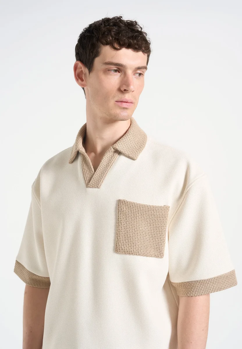 Brice - Boxy Polo Shirt with Crochet Detail - Cream - Image 4