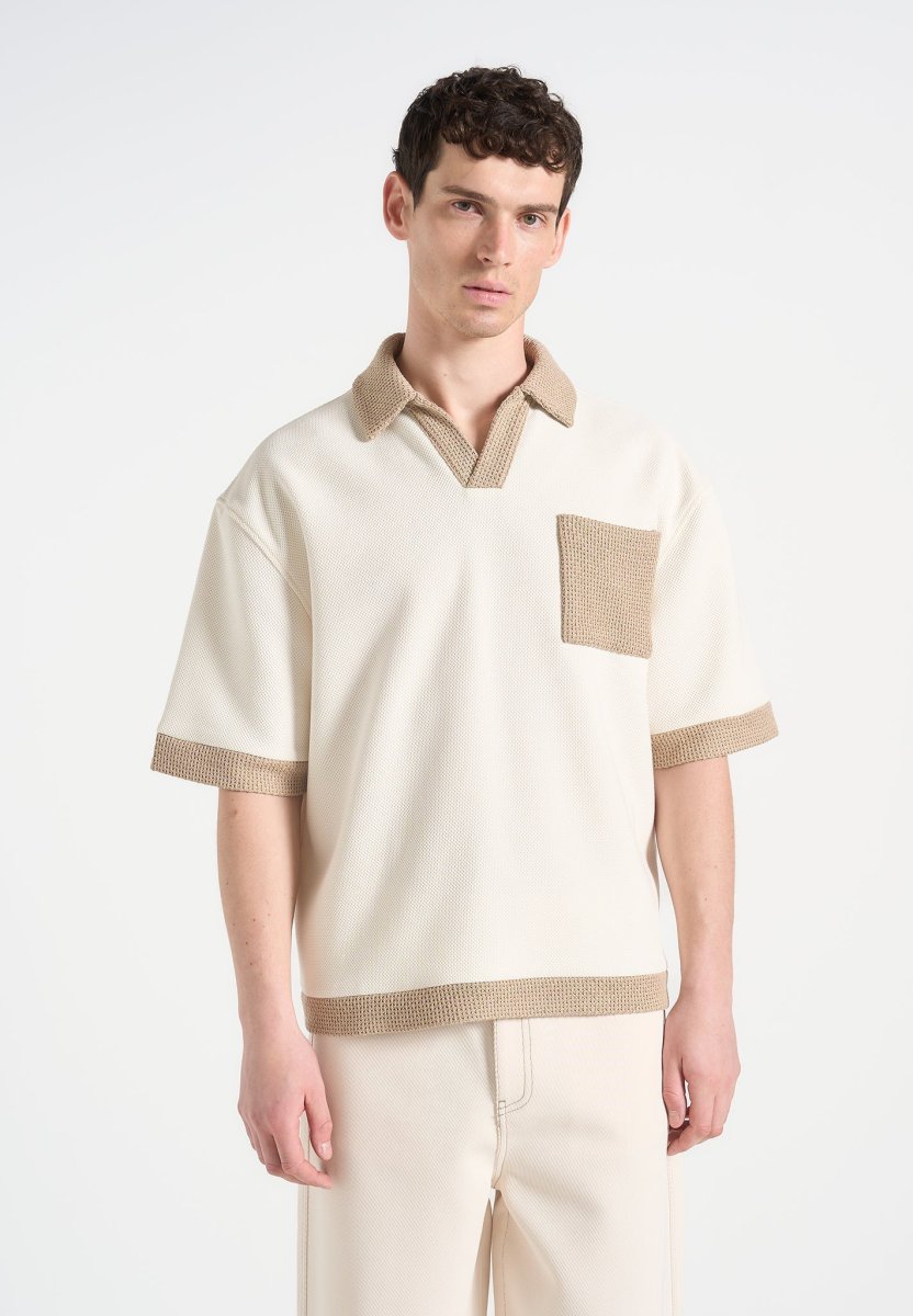 Brice - Boxy Polo Shirt with Crochet Detail - Cream - Image 2