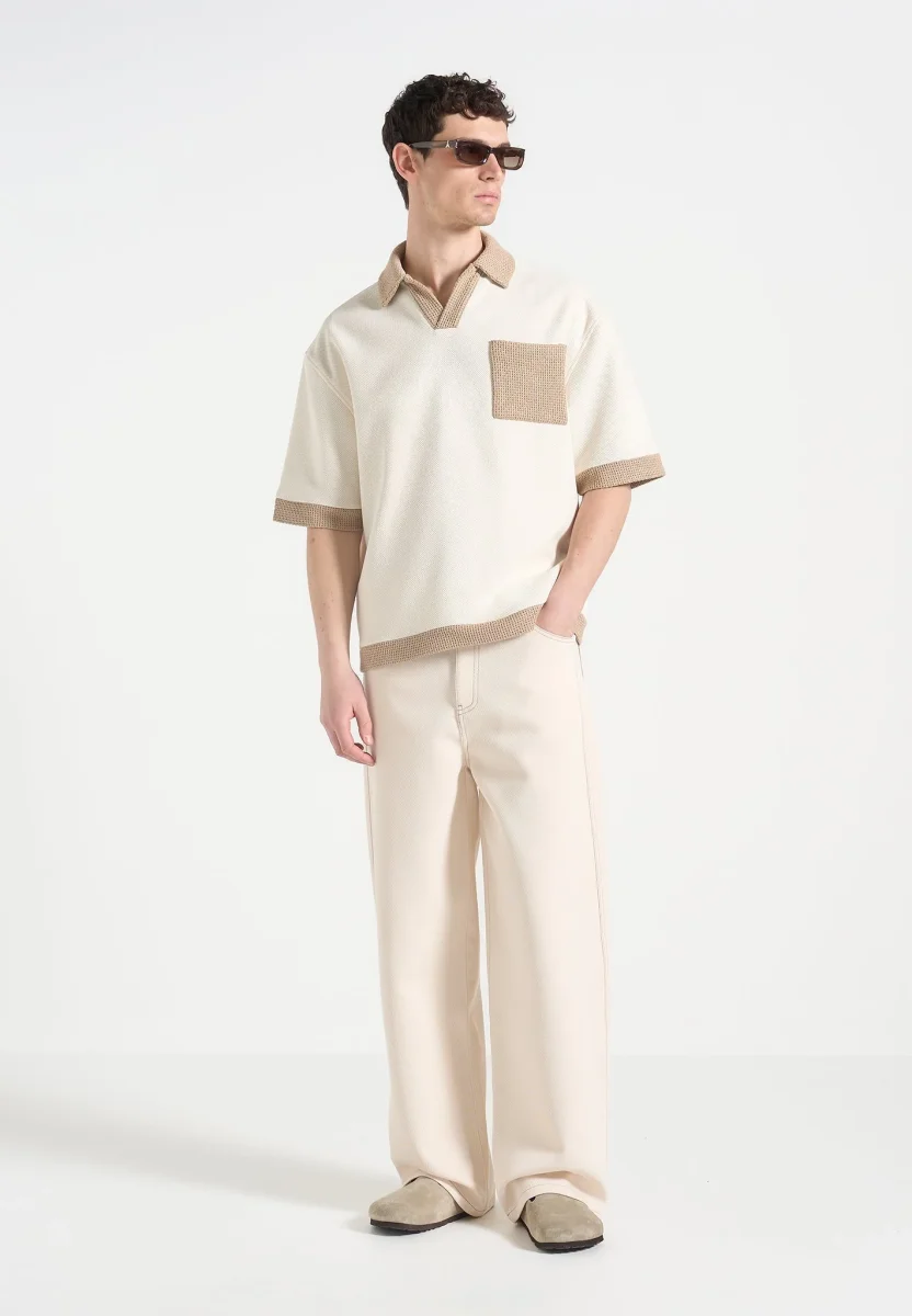 Brice - Boxy Polo Shirt with Crochet Detail - Cream - Image 3