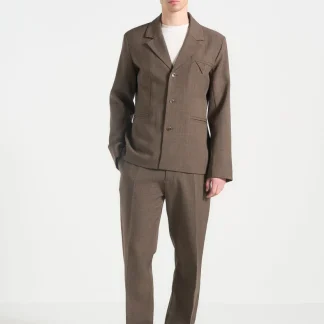 Bastien - Single Breasted Hatched Tailored Suit Jacket - Light Brown