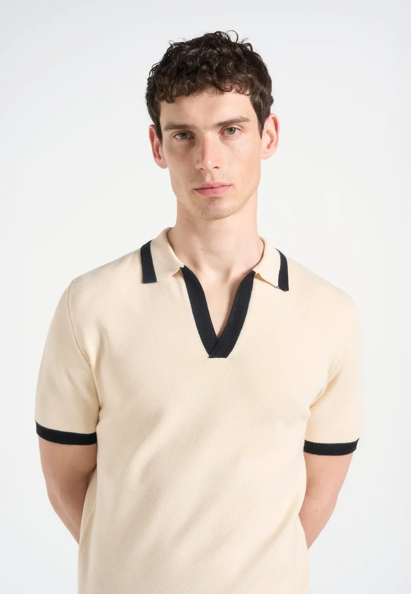 Lambert - Contrast Detail Knit Polo Shirt - Cream - Image 4