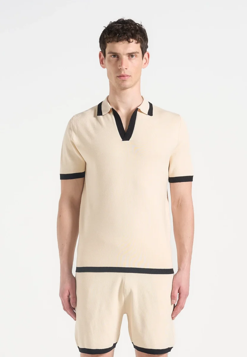 Lambert - Contrast Detail Knit Polo Shirt - Cream - Image 6