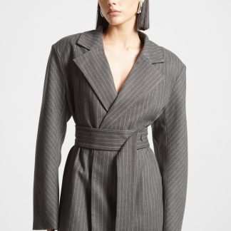Oversized Pinstripe Blazer Dress - Grey