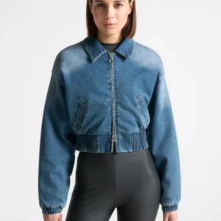 Padded Cropped Denim Bomber Jacket - Mid Blue
