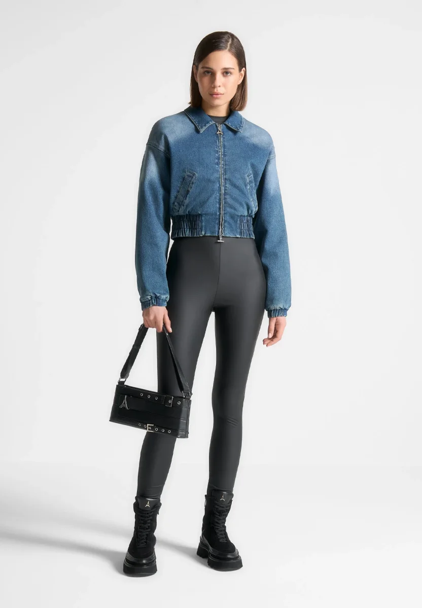 Padded Cropped Denim Bomber Jacket - Mid Blue - Image 3