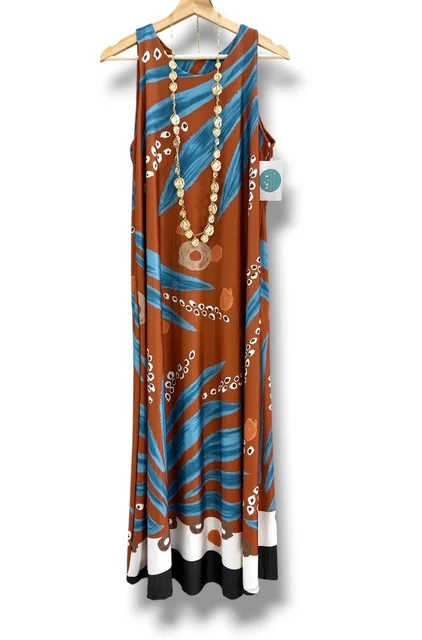 Vestido malha fria padrão tropical terracota/azul- Refª 004358 - Image 3
