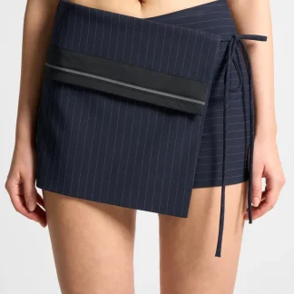 Pinstripe Tailored Mini Skort with Tie - Navy