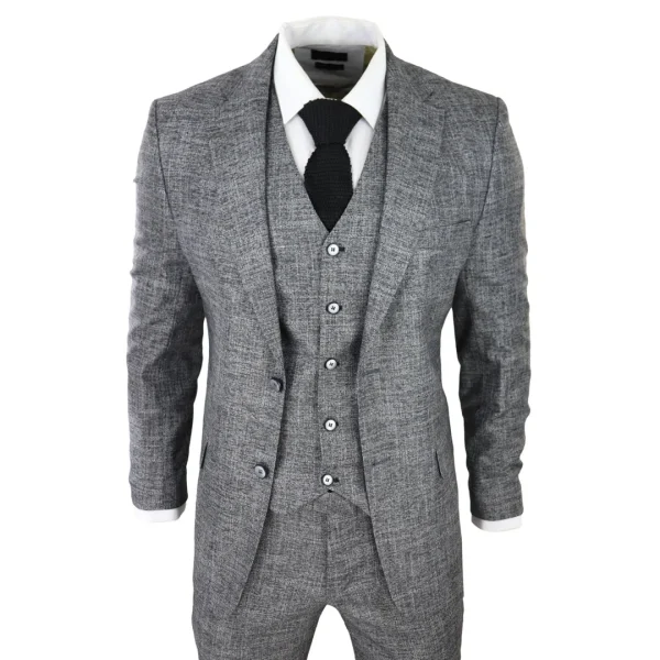 Terno masculino de 3 peças cinza e preto texturizado, corte sob medida, ideal para casamento, formatura, festa e ocasiões formais.