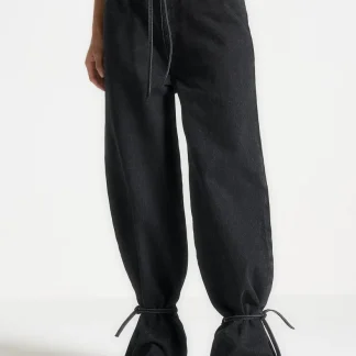 Faye - Wide Mid Rise Jeans with Tie Waist - Washed Black