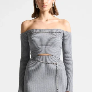 Ribbed Knit Bardot Crop Top with Chain - Grey