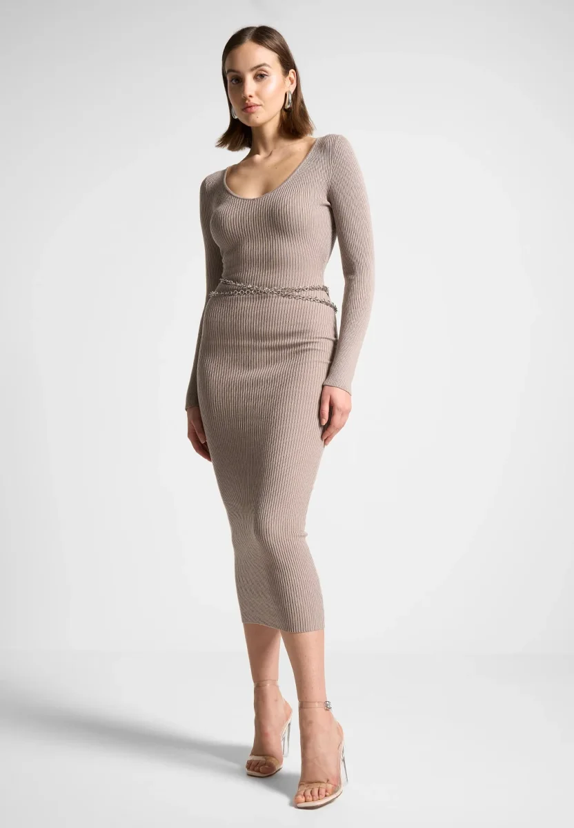 Ribbed Knit Midaxi Dress with Chain Belt - Taupe - Image 4