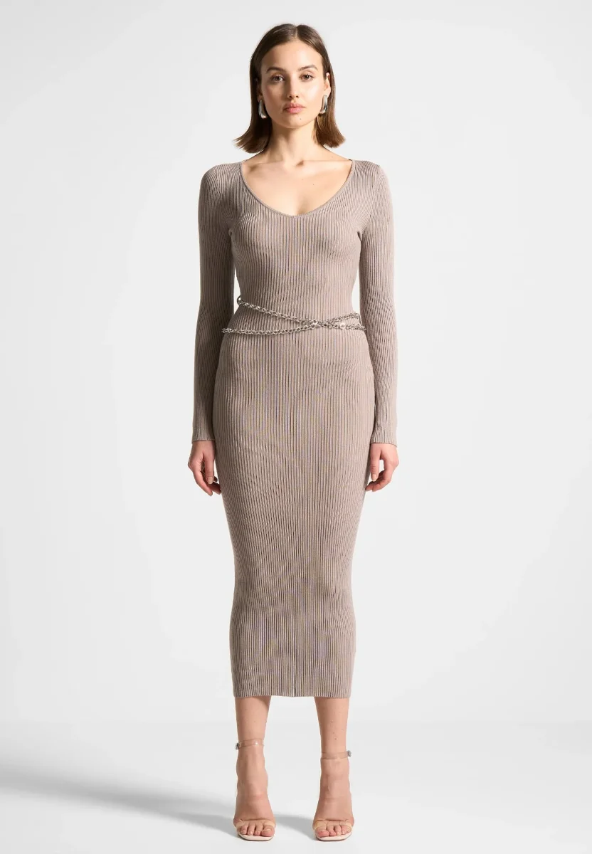 Ribbed Knit Midaxi Dress with Chain Belt - Taupe - Image 3