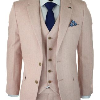 Terno masculino de tweed espinha de peixe, 3 peças, rosa blush, estilo retrô vintage, comprimento curto regular.