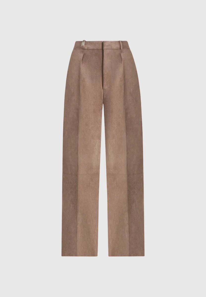 Solene - Suede Wide Leg Pleated Pants - Taupe - Image 7