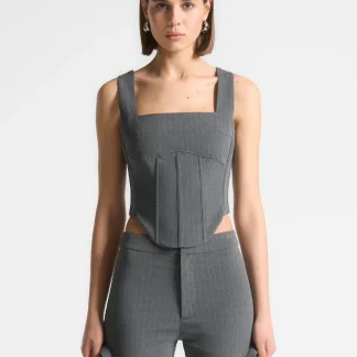 Square Neck Pinstripe Corset Top - Grey