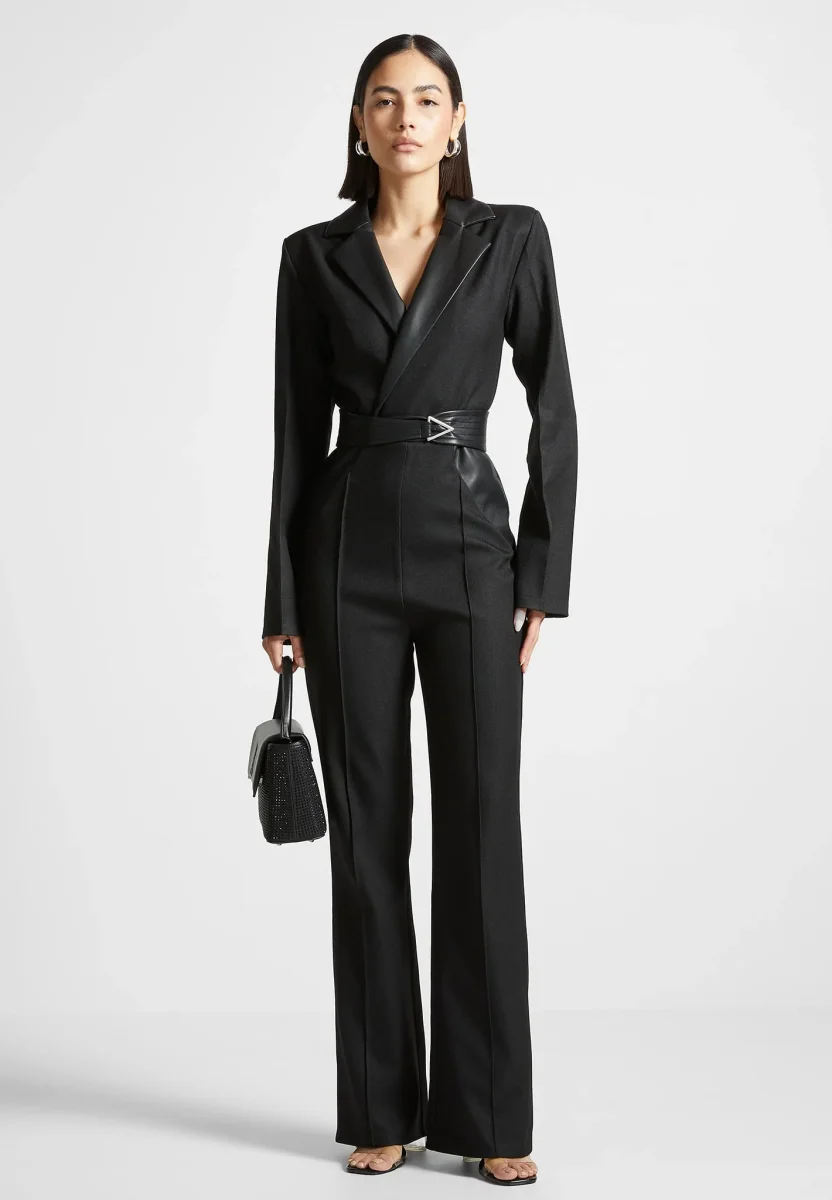 Tailored Fit and Flare Belted Jumpsuit - Black - Image 2