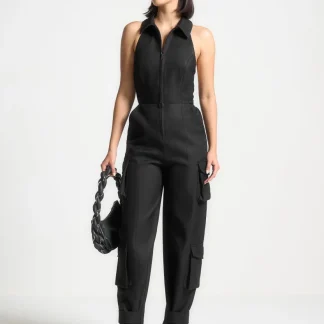 Tailored Halterneck Cargo Jumpsuit - Black
