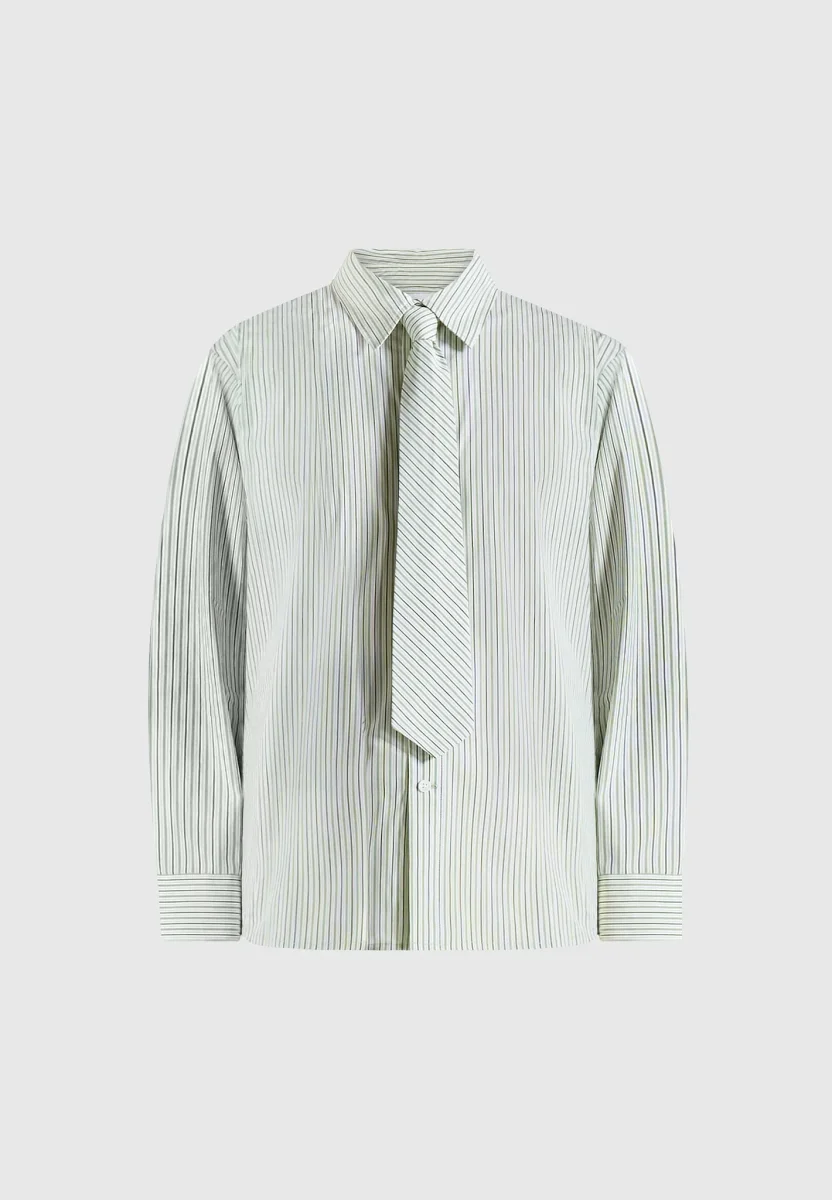 Dylan - Unisex Pinstripe Long Sleeve Shirt With Detachable Tie - Sage - Image 9