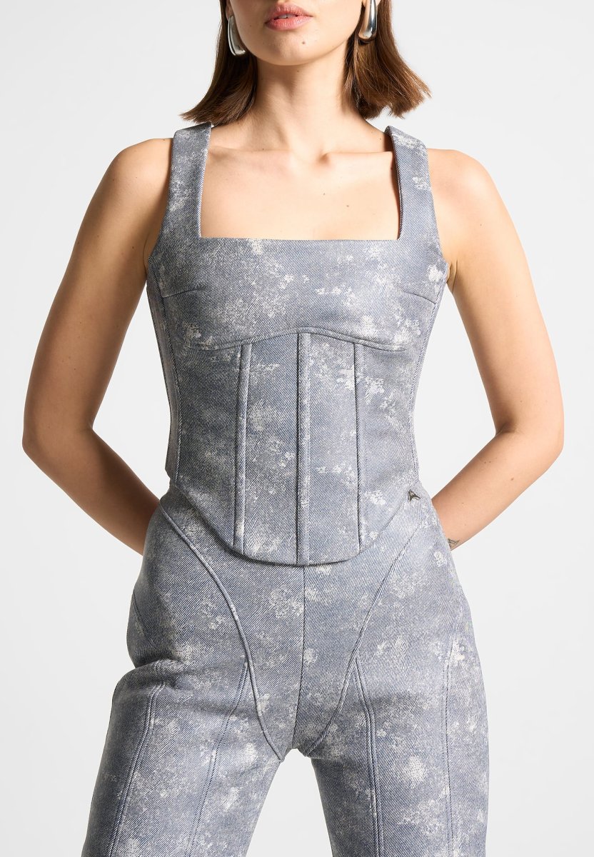 Leather Denim Effect Corset Top - Blue - Image 2