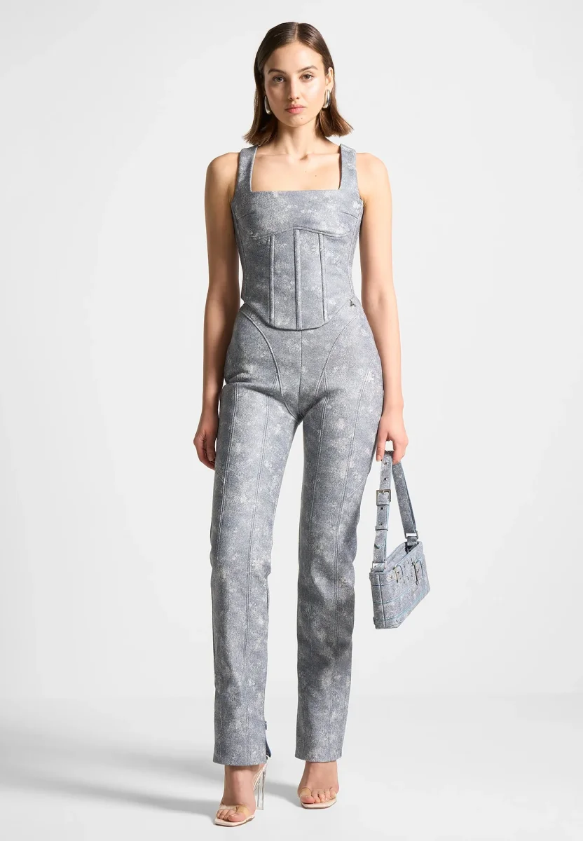 Leather Denim Effect Corset Top - Blue - Image 3