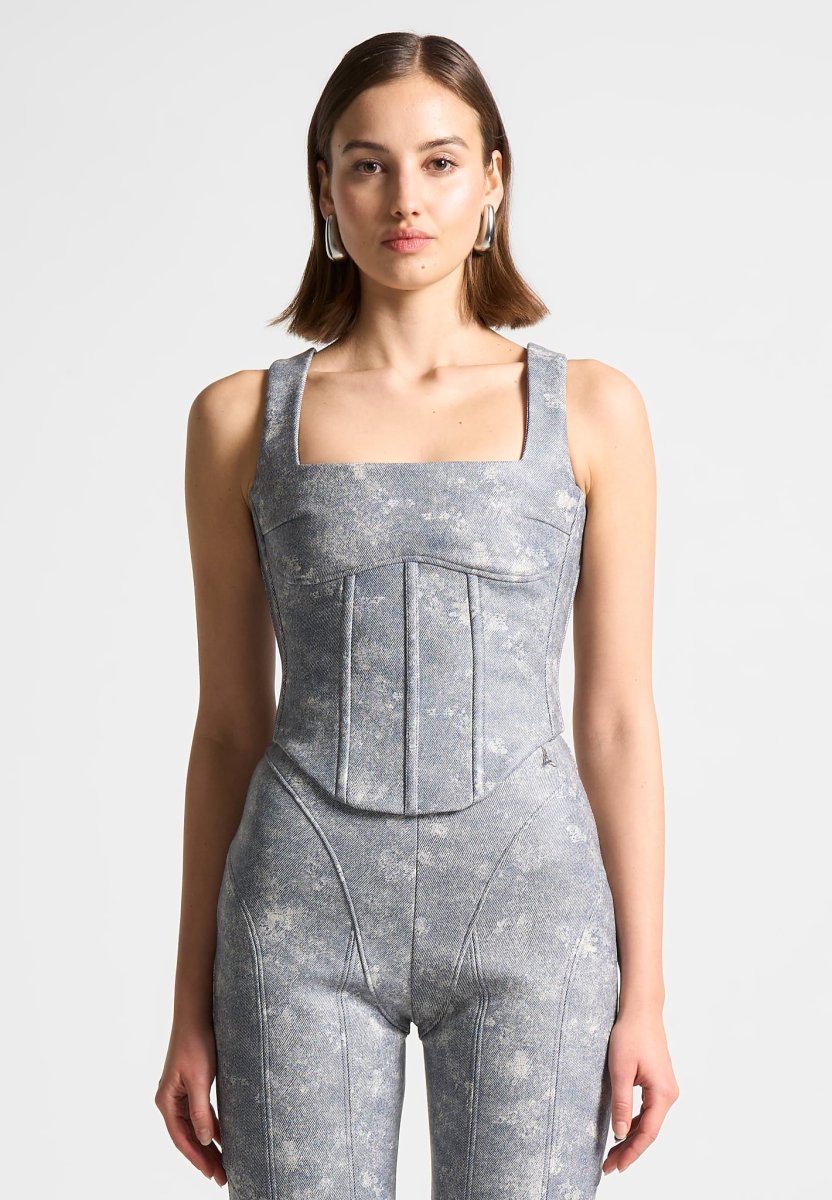 Leather Denim Effect Corset Top - Blue - Image 4