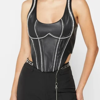 Leather Embellished Corset Top - Black