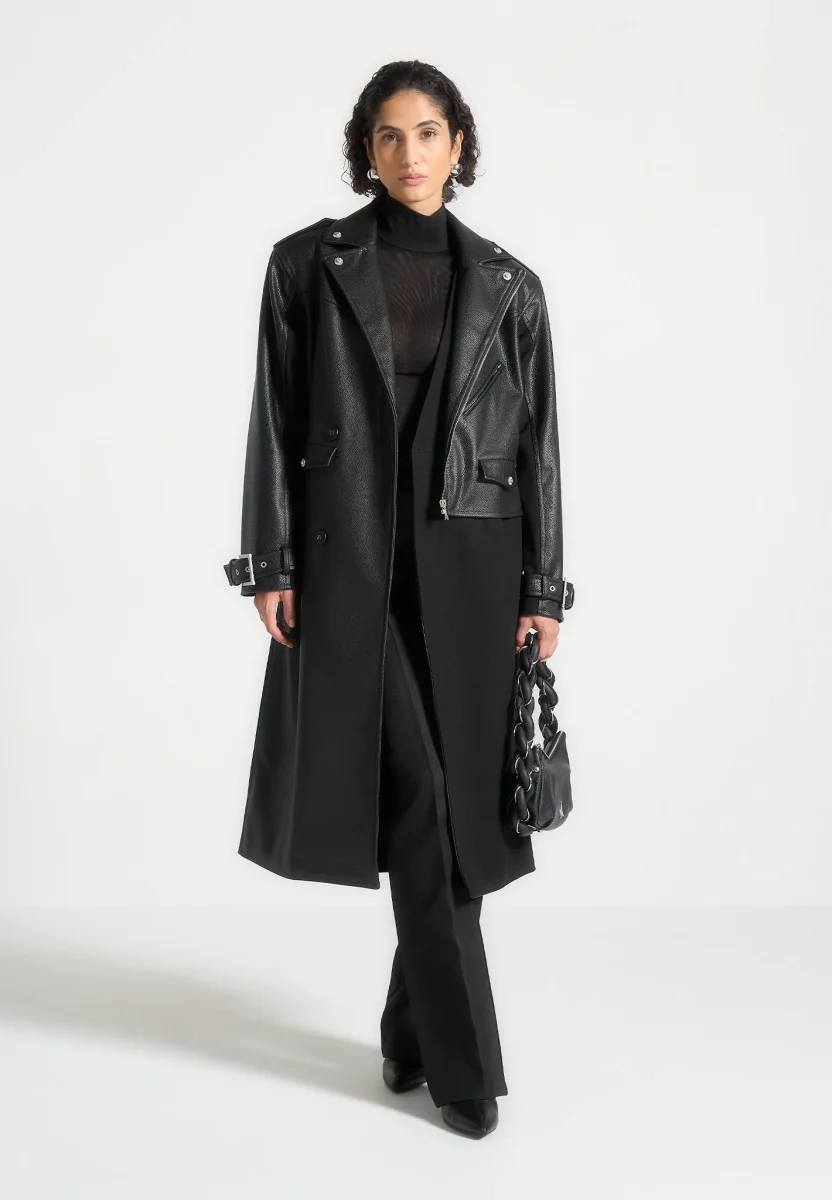 Ayleen - Leather Biker Trench Coat - Black - Image 4