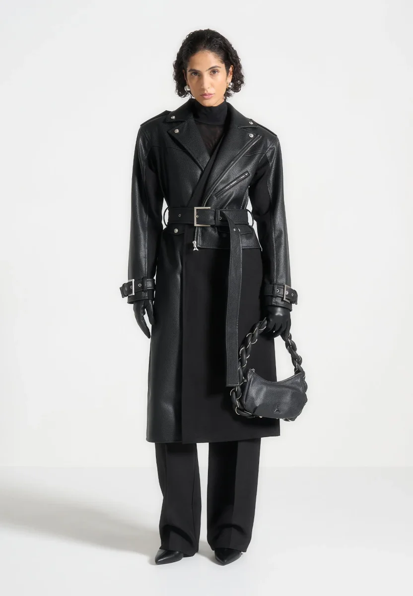 Ayleen - Leather Biker Trench Coat - Black - Image 2