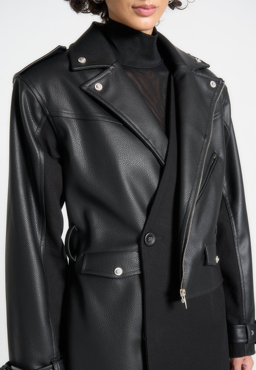 Ayleen - Leather Biker Trench Coat - Black - Image 6